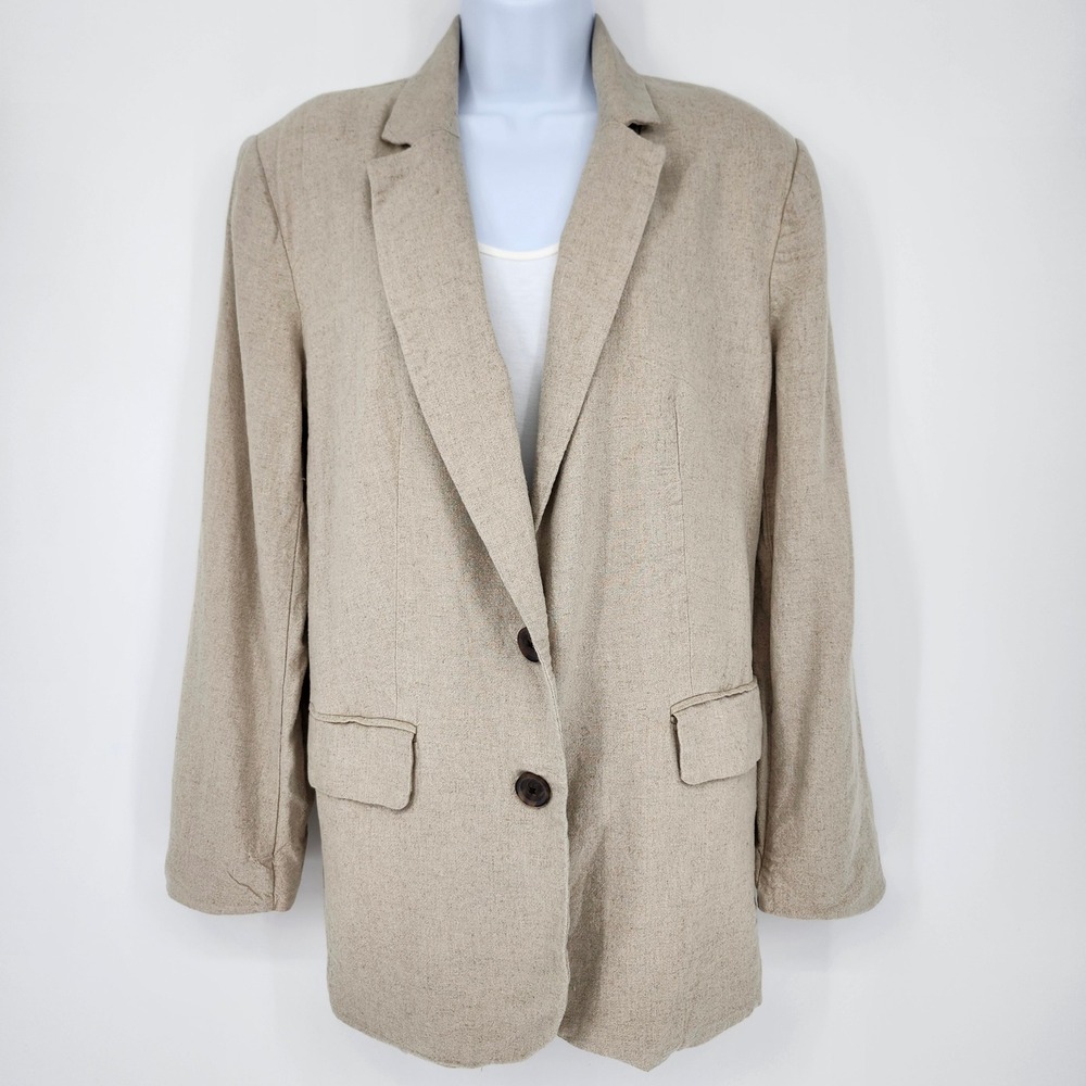 A New Day Womens Tan Linen Blend‎ Blazer Size M Neutral Coastal Chic Minimalist
